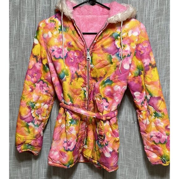 Vintage Suzie Belle Fashion Belted Hooded Lined Child Size 14 Bright Floral Coat - Picture 14 of 14